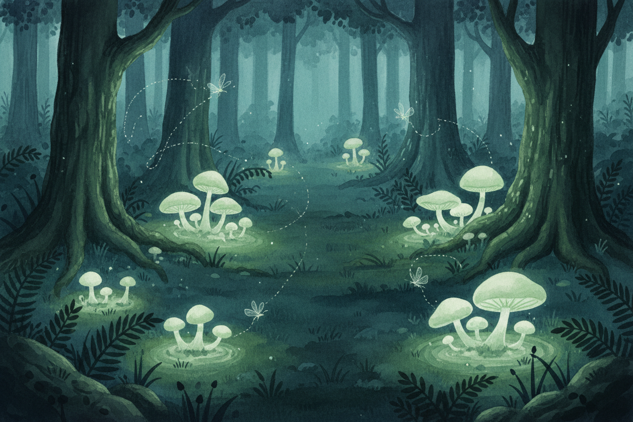 So when you see a mushroom glowing in the dark forest, you're watching ~~an ad campaign millions of years old~~ — one th