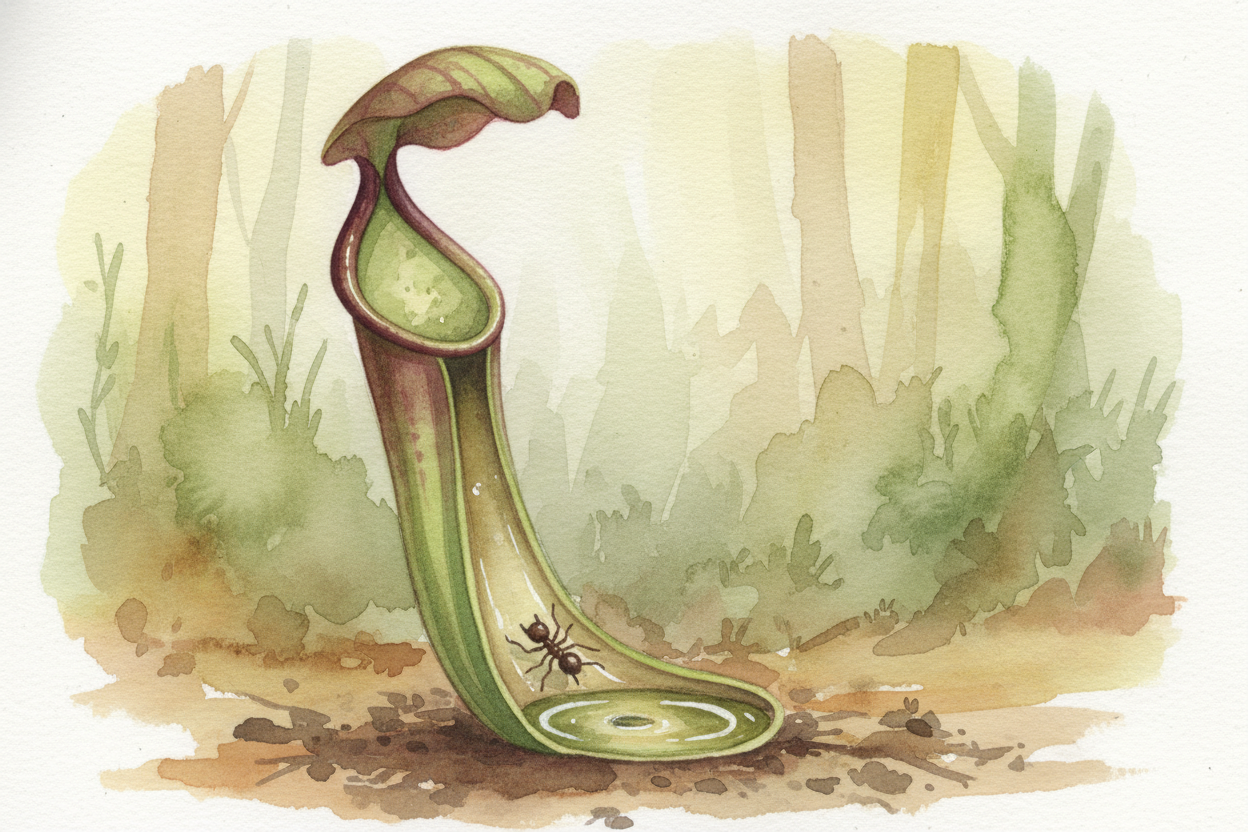 The pitcher plant takes a different approach. It grows a **deep, slippery tube** filled with digestive liquid at the bot