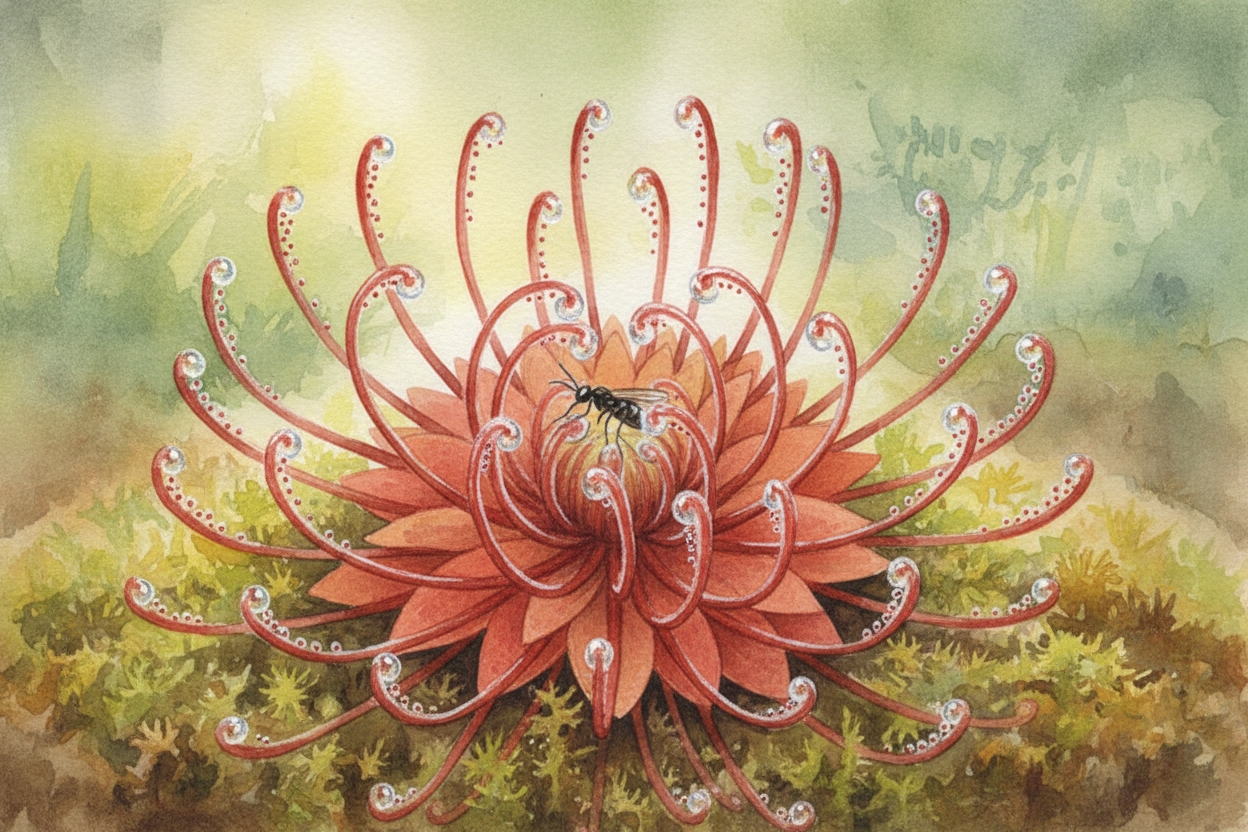 Sundews are covered in sticky tentacles that sparkle like dewdrops in the sun. Insects think they've found water. ~~Inst