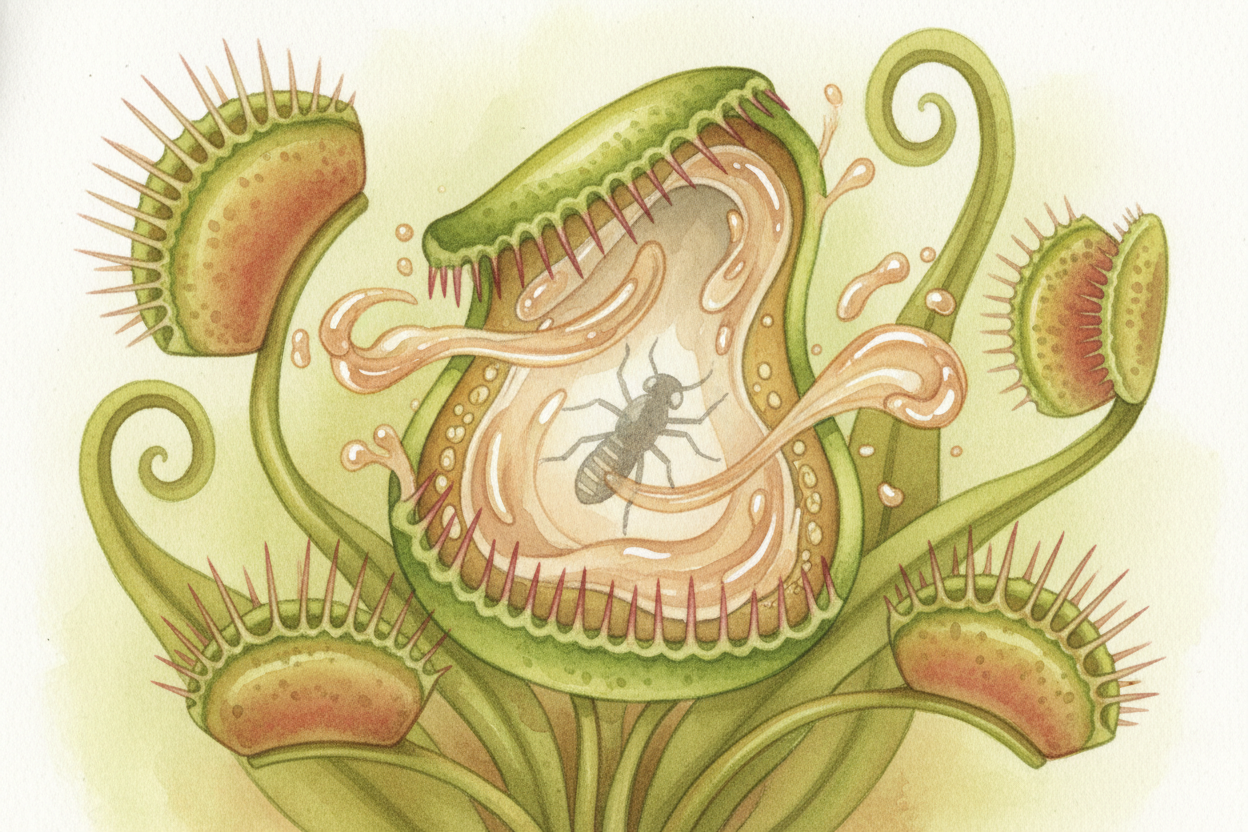 Once trapped, the plant releases enzymes — **special chemicals** that break down the insect's body over several days, tu