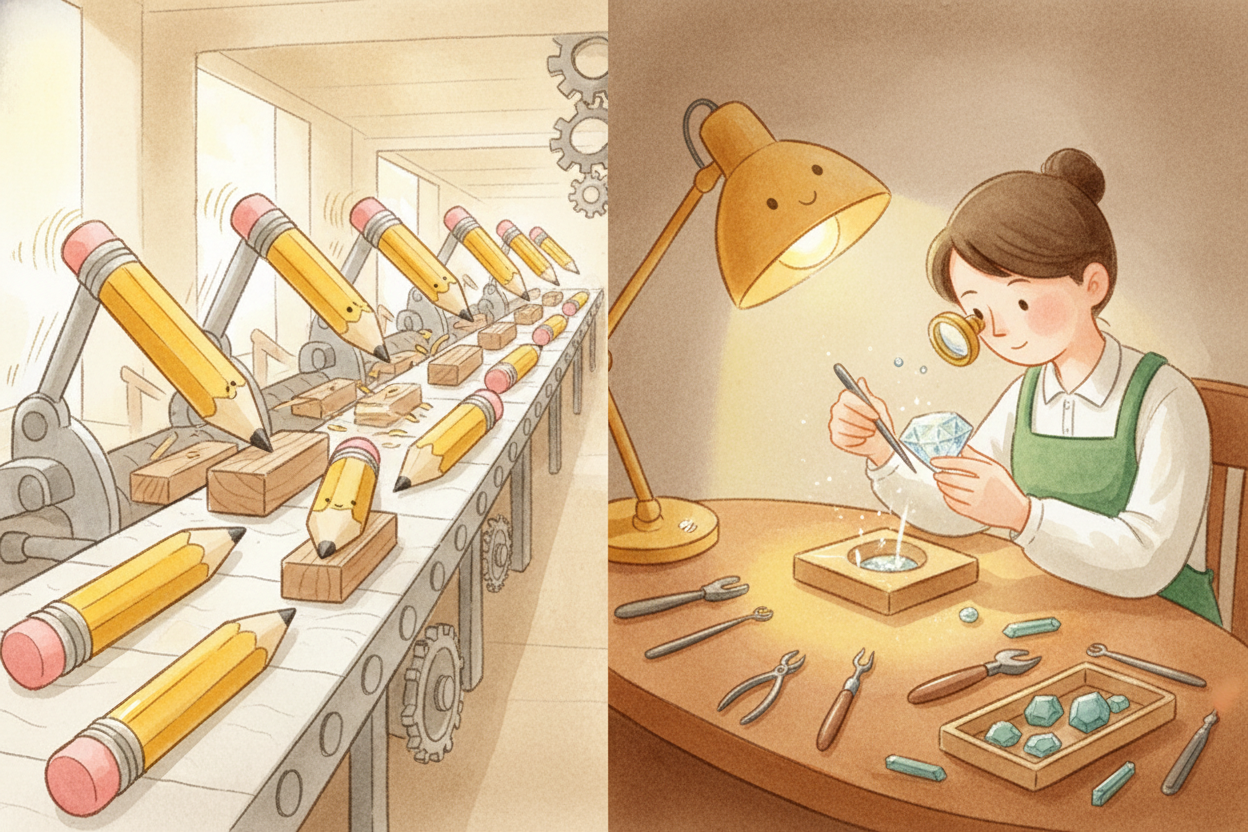 Let's start with the most obvious reason: some things are harder to make. ++A pencil++ is wood, graphite, and a metal ba