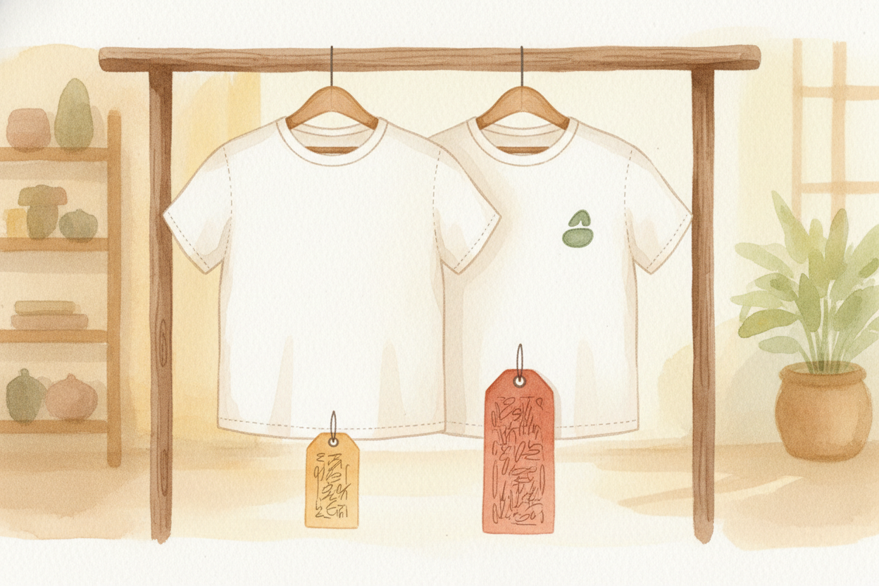 And sometimes things cost more because of the story they tell. Two identical white T-shirts, same cotton, same stitching