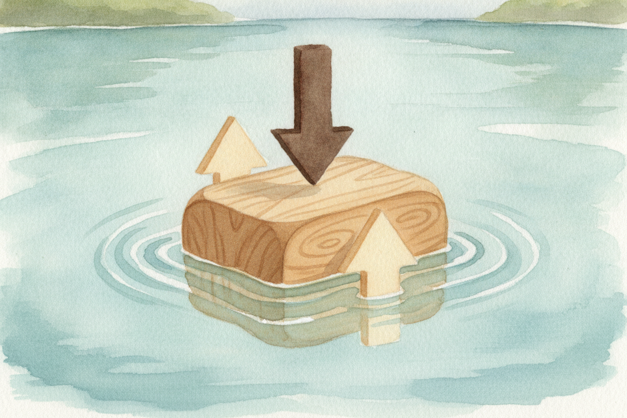 ~~Now for the tug-of-war.~~ Gravity pulls everything **DOWN** — that's just weight. Buoyancy pushes **UP**. Every object