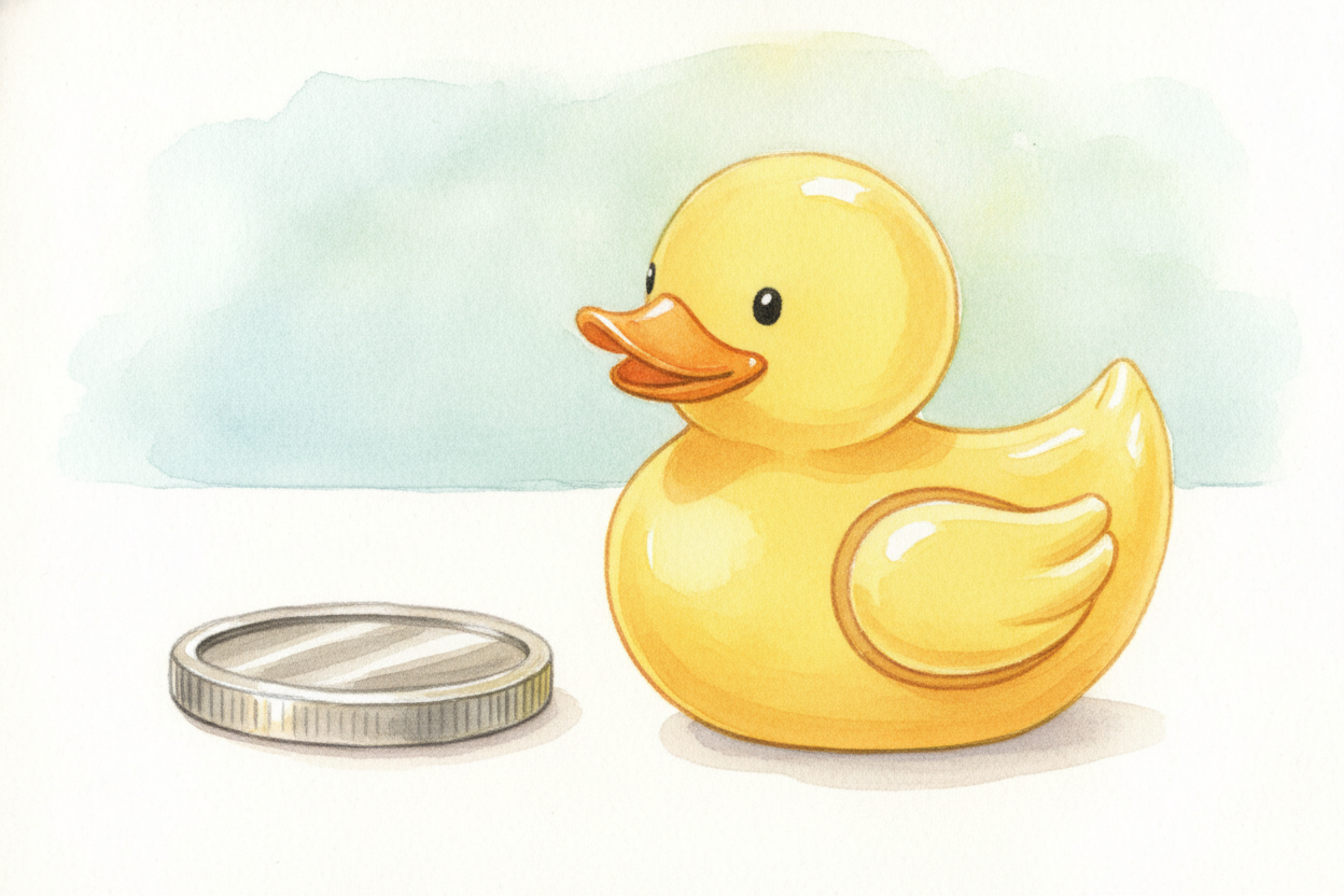 That's why a coin sinks and a duck floats. The coin is **packed solid with heavy metal**, far heavier than the water it 