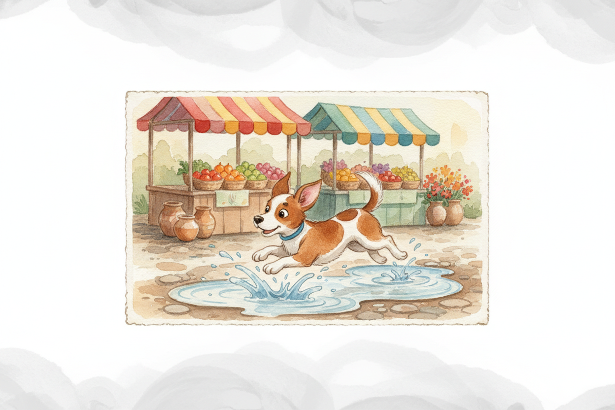 Stories paint pictures too. "~~Justice is important~~" floats away. "**A brave dog splashing through puddles for bones**