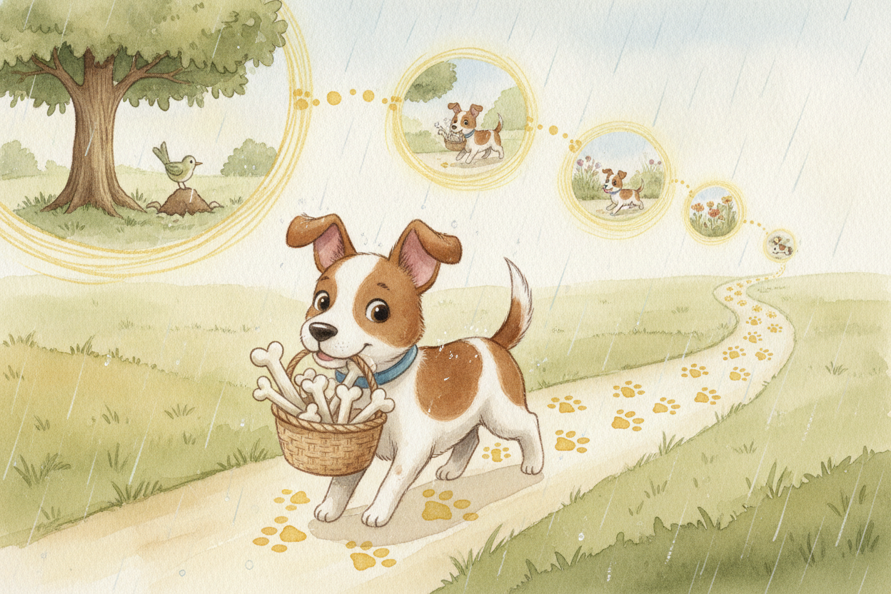 Remember that brave dog from page one? ~~Of course you do.~~ *Seven bones, rainy day, off to the market.* You didn't try