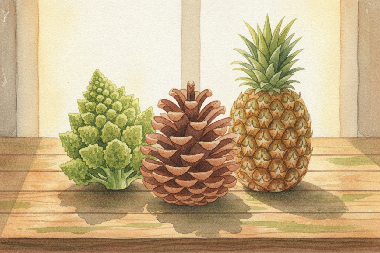 Other plants **figured out the same trick**. Pinecones pack their scales in spirals — *8 one way, 13 the other*. Pineapp