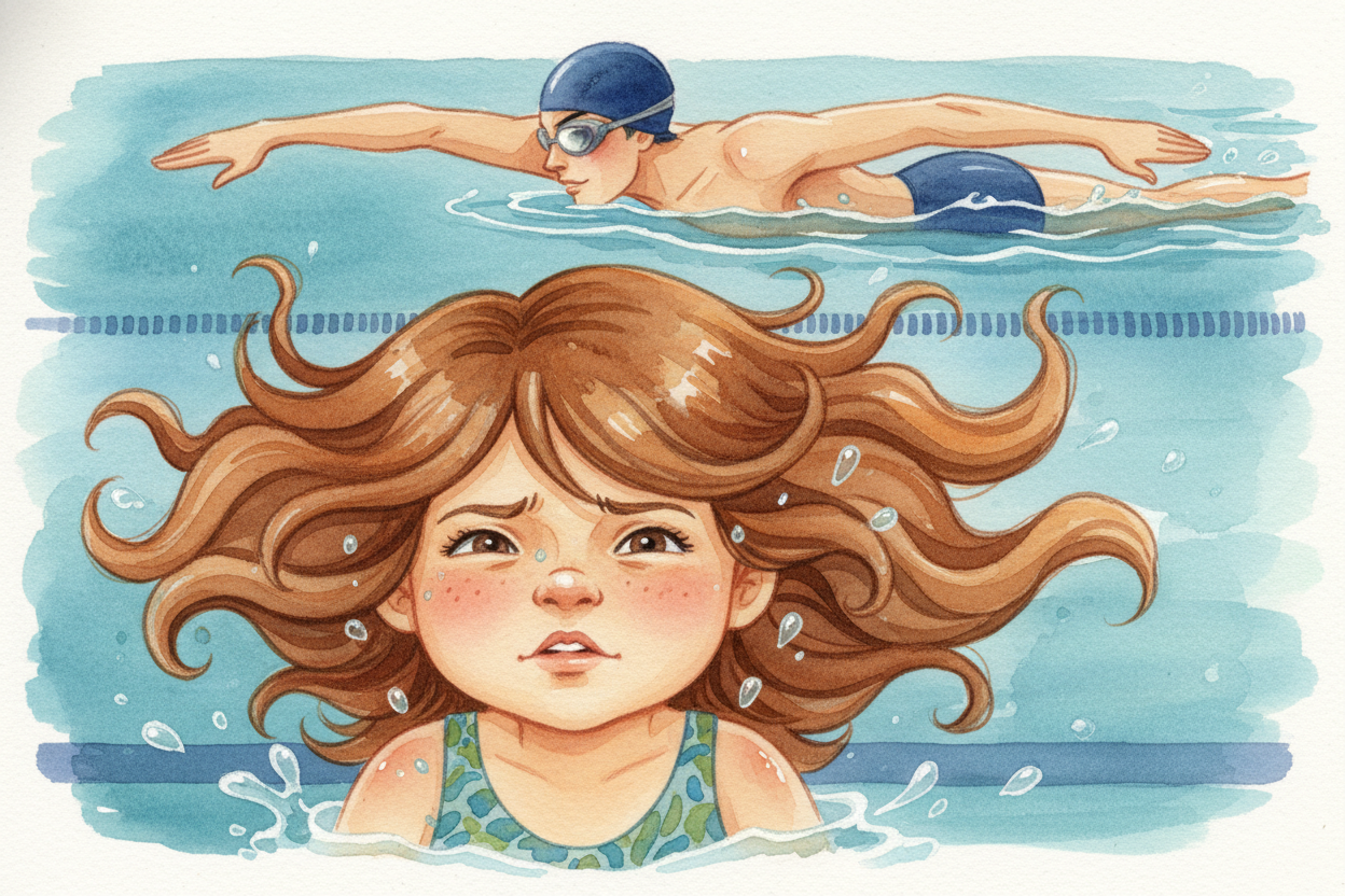You slide into the pool and — ~~wow, that's cold!~~ You paddle around, but your hair keeps swishing into your face, and 