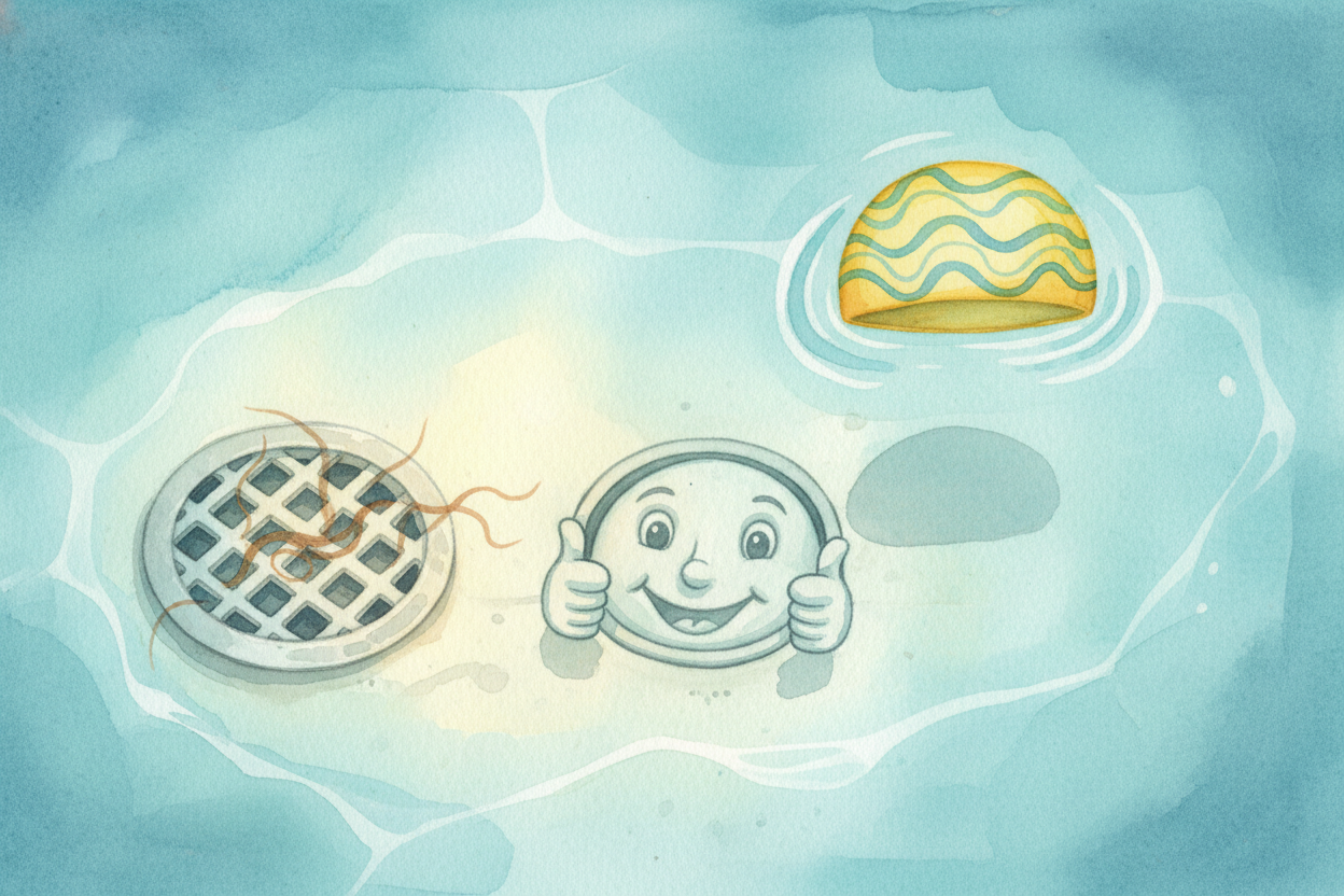 ~~And here's a bonus:~~ caps keep stray hairs out of the pool filter. Imagine **hundreds of swimmers every week** — *tha