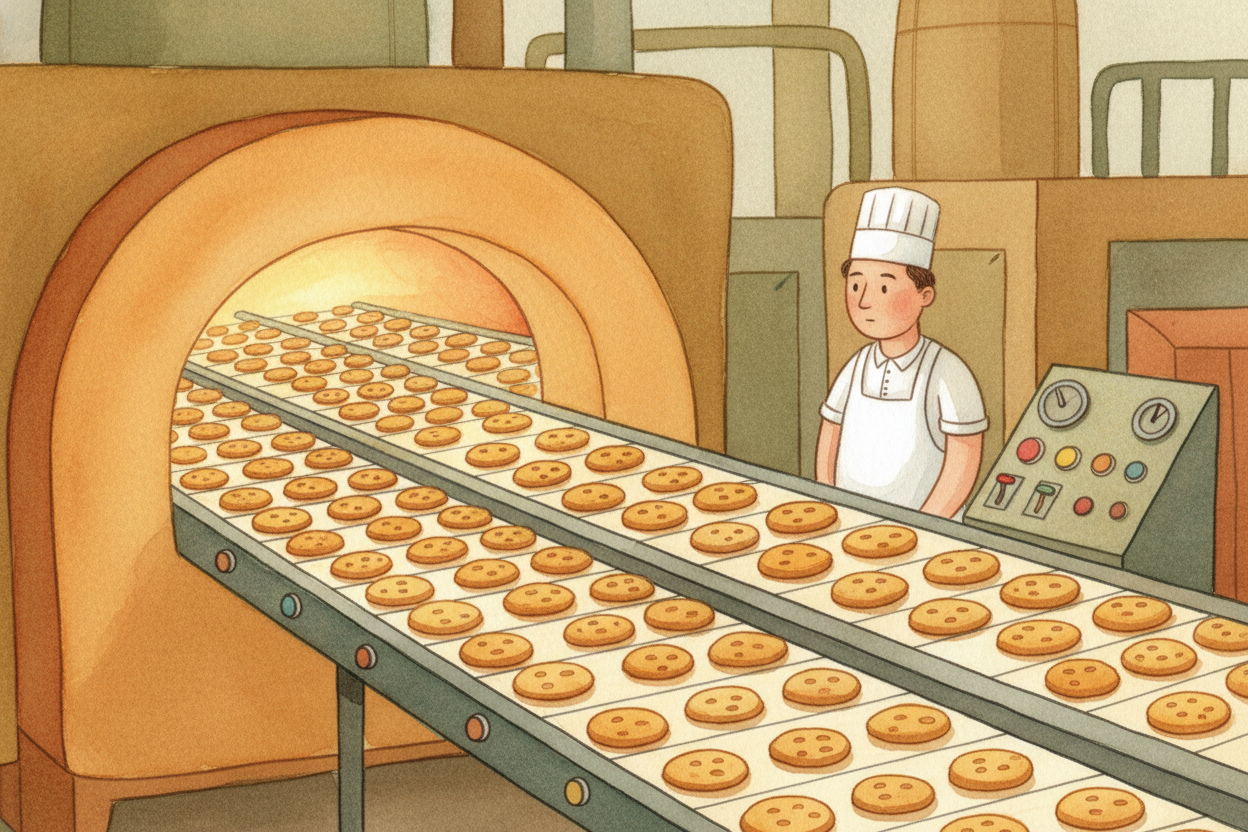 Let's start with how a cookie gets to the store. ++First++, a factory mixes flour and sugar and chocolate chips in **eno