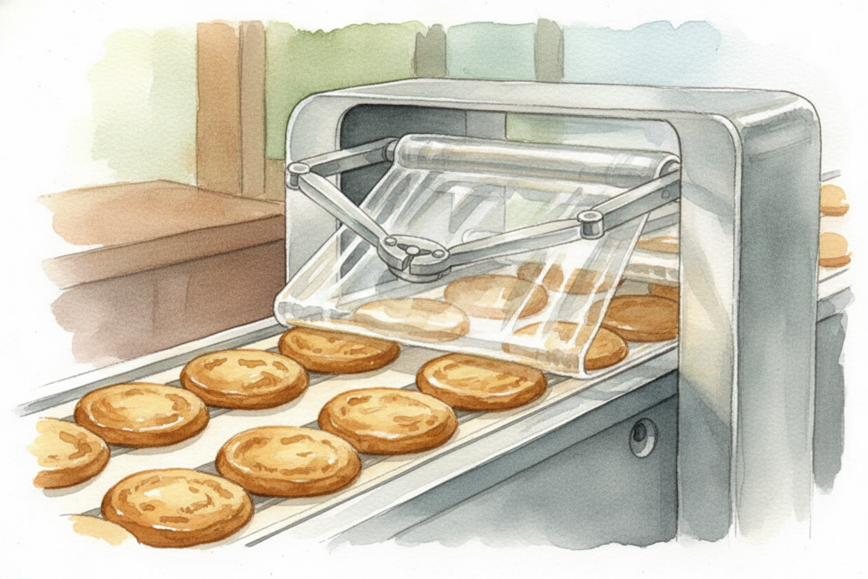 Next, a machine wraps the cookies in plastic. The machine cost the factory **fifty thousand dollars** to buy, but it'll 