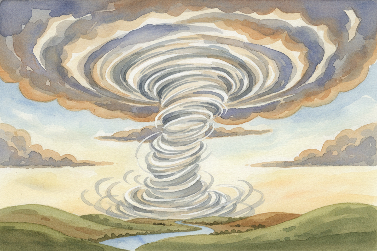 Inside a powerful thunderstorm called a ++supercell++, that horizontal spin gets tilted upright by the updraft — the **r