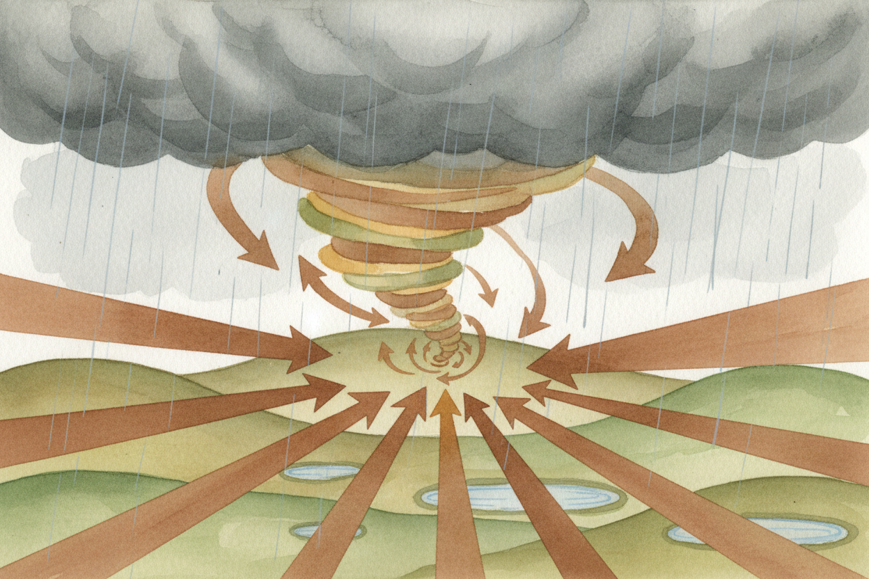 ~~Here's where it gets wild:~~ cool air from rain starts falling on one side of the mesocyclone, **wrapping around the u