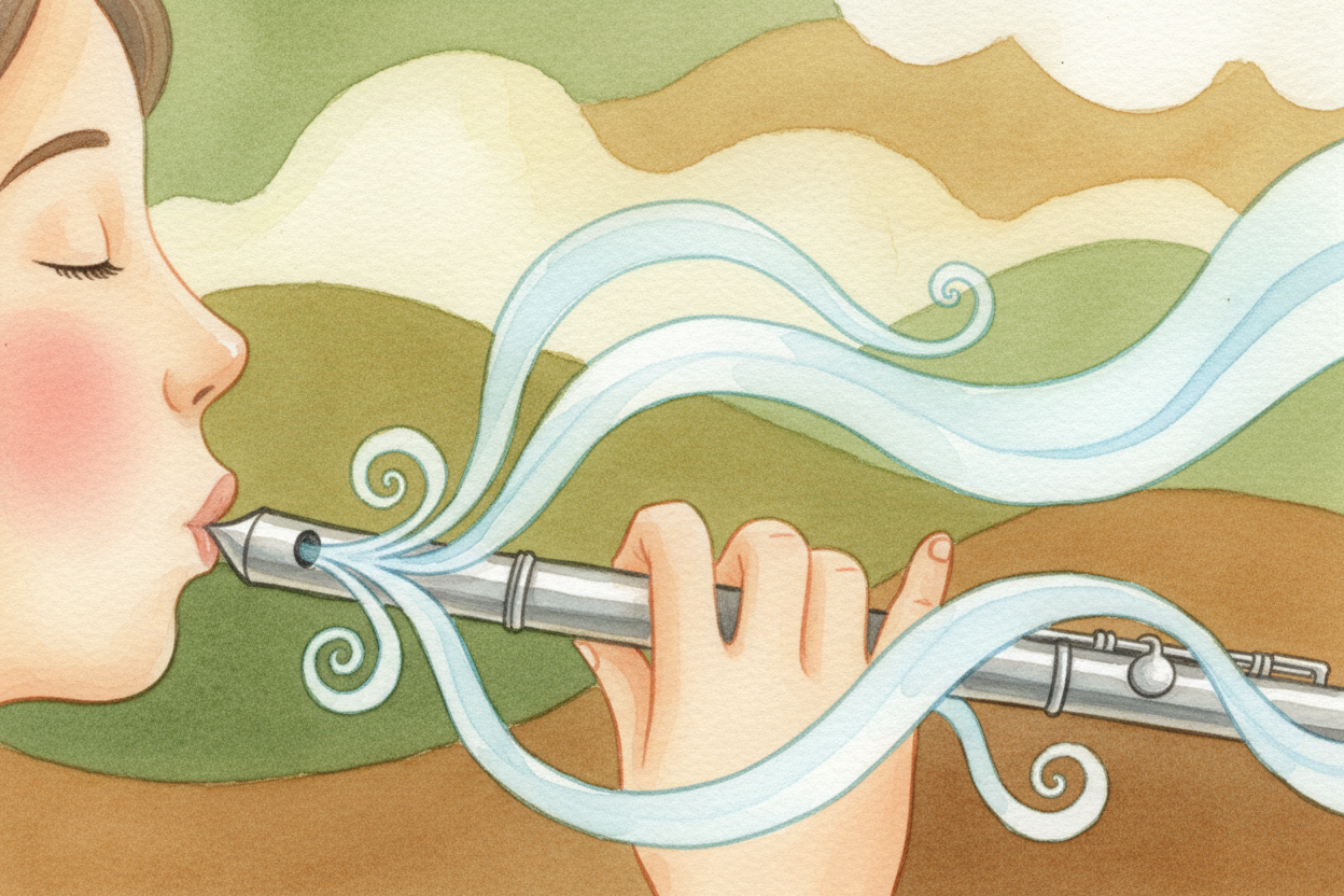 But a flute has no mouthpiece to buzz against. Instead, you blow a thin stream of air across a hole — the same way you'd