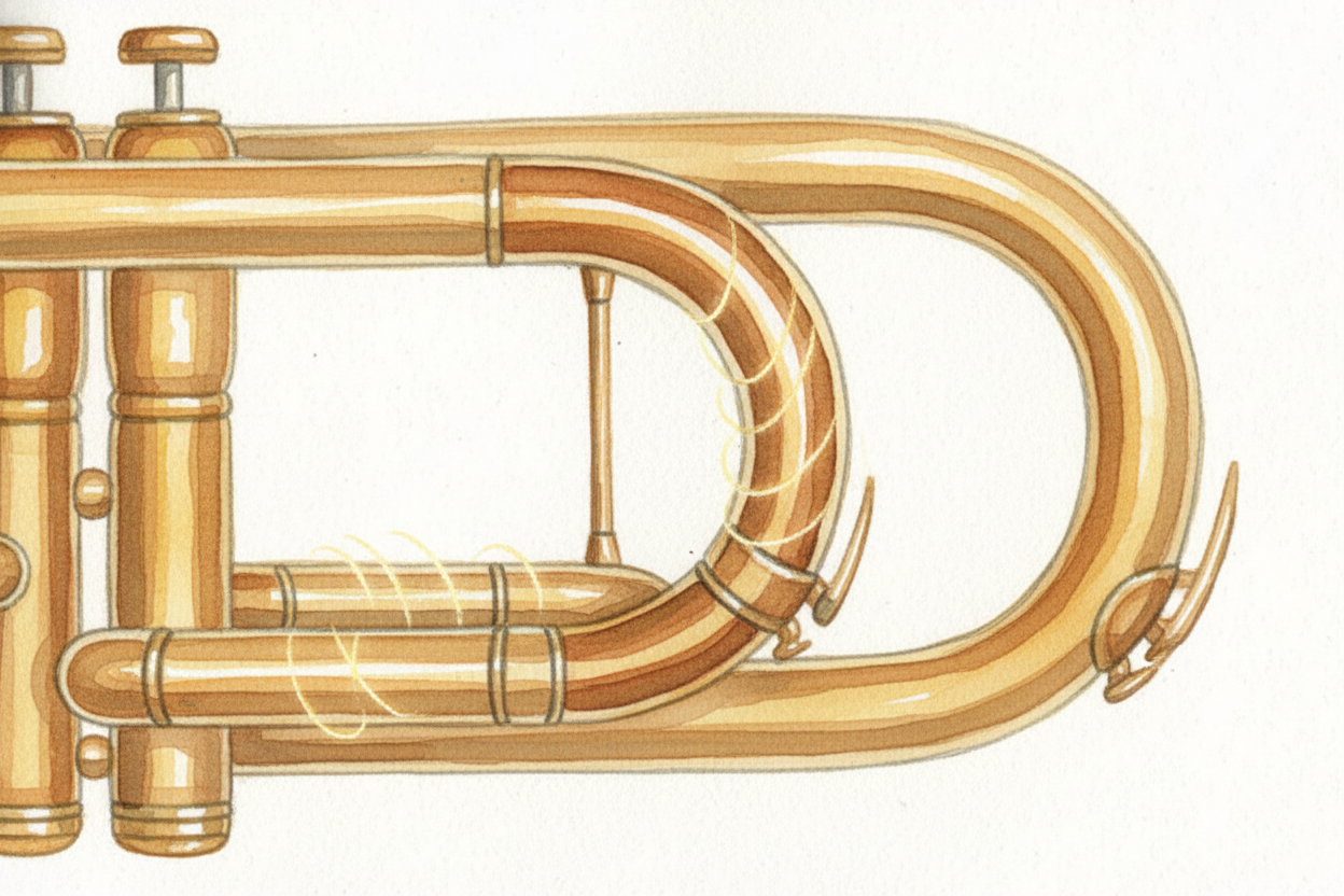 Then there's the shape of the tube itself. A trumpet is **narrow and coiled**, made of brass. The metal walls reflect th