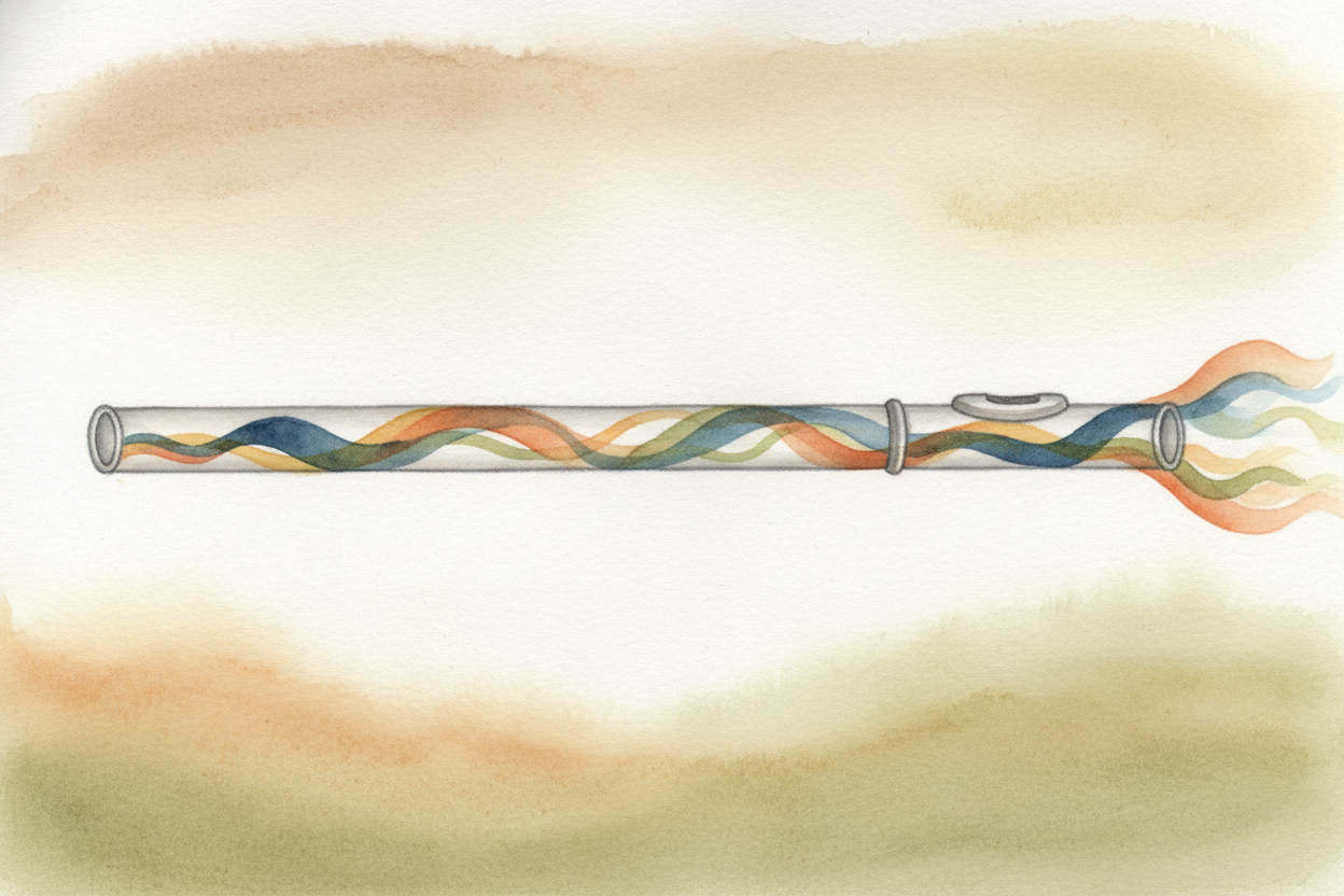 A flute is straight and wide, usually made of metal or wood. The **vibrations spread out more gently**, _without as much
