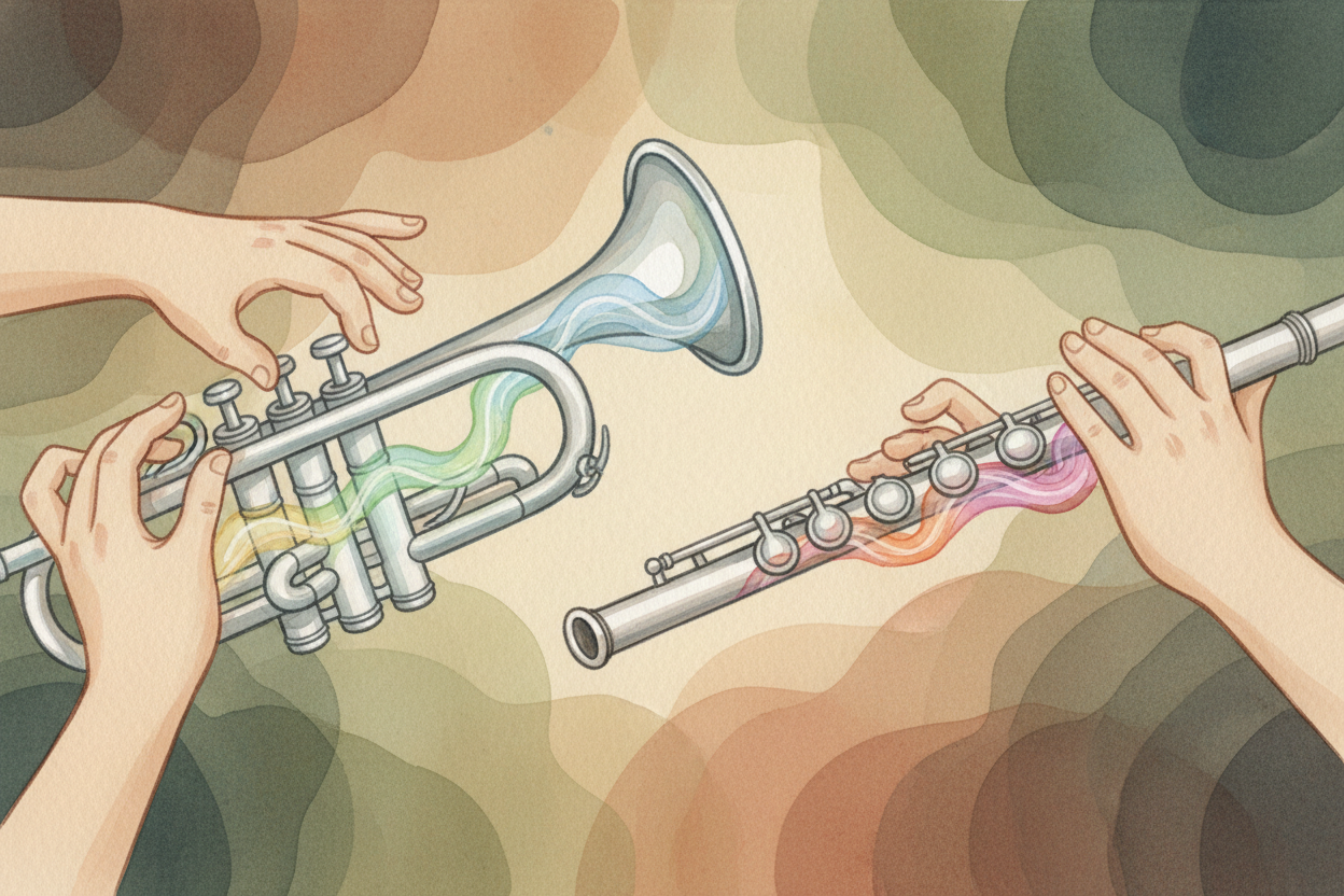 ++Both instruments++ change notes the same way, though — by opening and closing holes with keys or fingers. *Shorter col