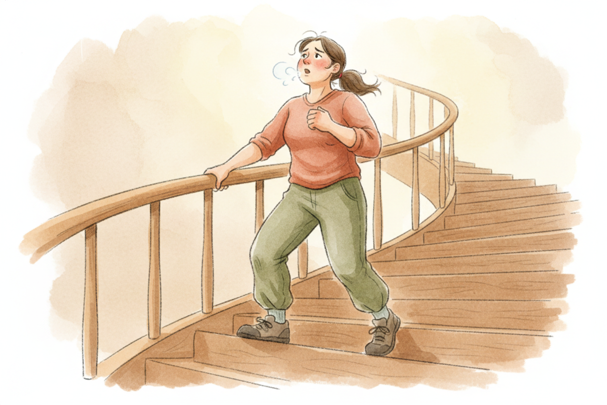 You take the stairs ~~two at a time~~, and halfway up your chest starts **pumping like a drum**. _Your legs are fine_ — 