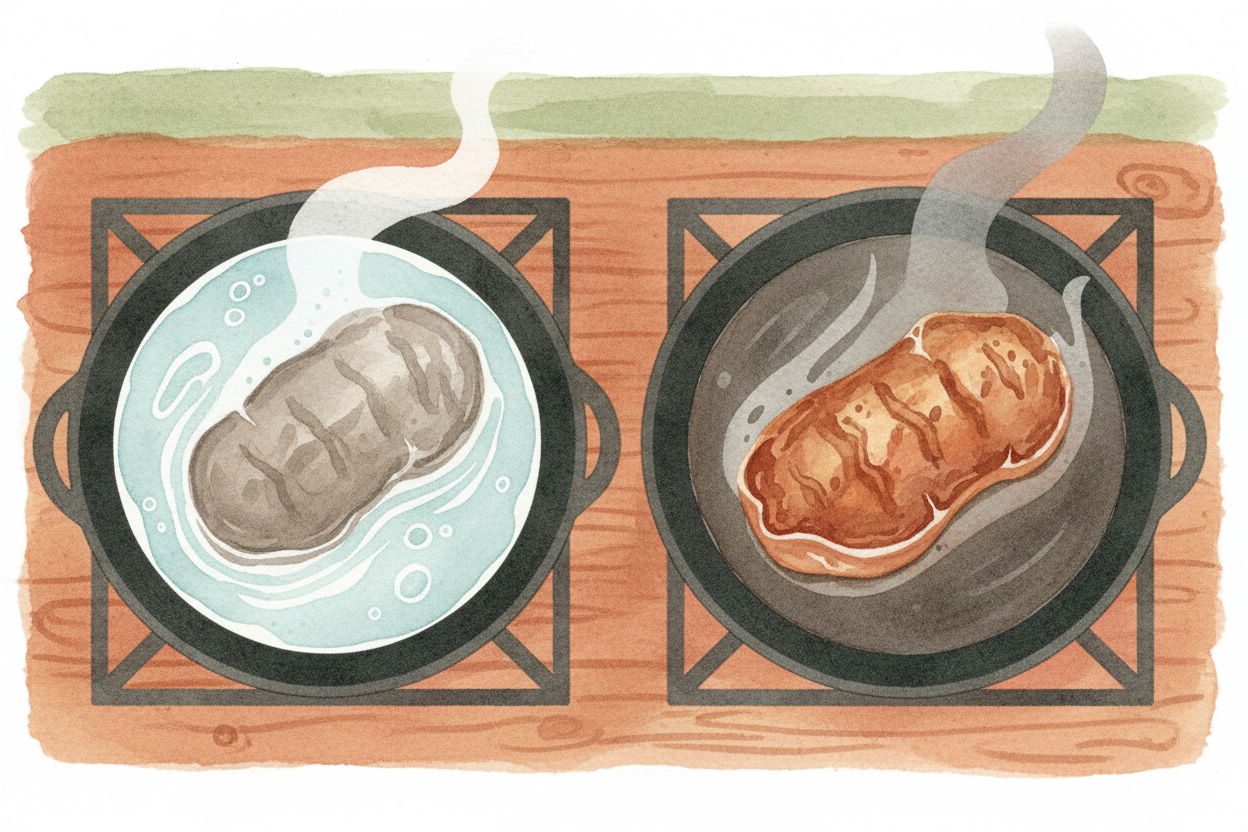 ++마이야르 반응++은 까다로워요. **300°F보다 높아야만** 일어나고, *마른 열이 필요하죠*. 그래서 **끓이기(212°F)**는 음식을 부드럽게 만들지만 갈색으로 만들지는 못해요. 물기를 닦아 낸 스테이크가