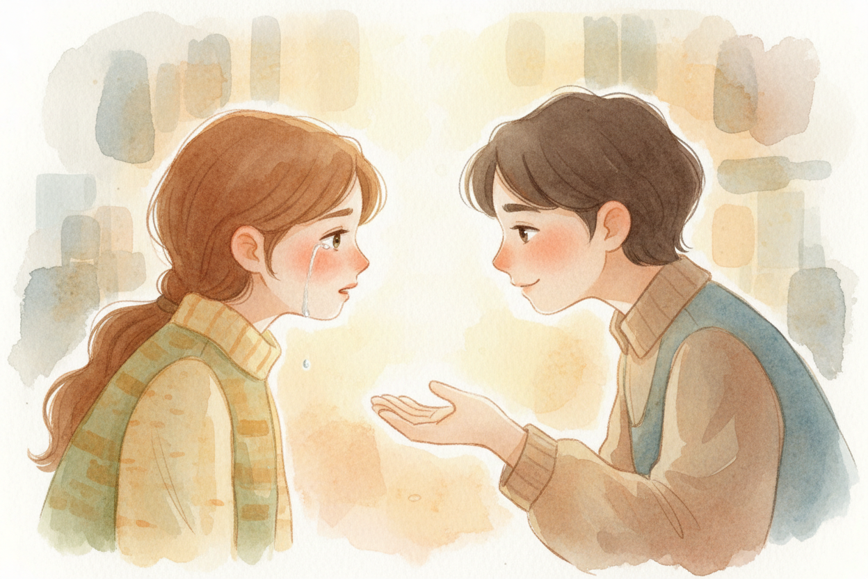 ~~한 가지 이론은 이래요.~~ *감정의 눈물은 신호*라는 거예요. 우리가 울면 주변 사람들은 우리가 괴롭다는 것, 또는 기쁘거나 감당하기 벅차다는 것을 곧바로 알아차려요. 말을 찾지 못할 때도 작동하는, **몸에 