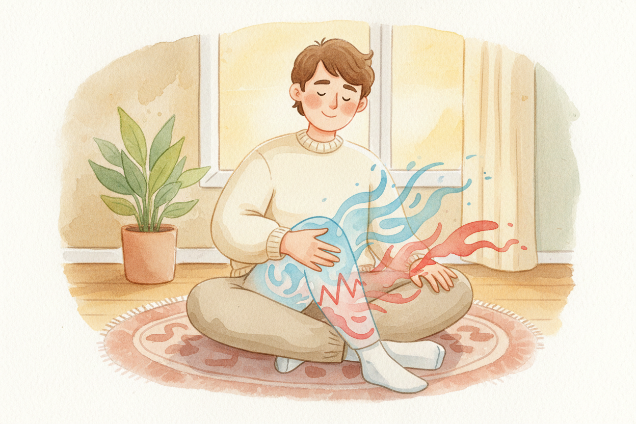 뇌에는 **자기만의 음량 조절 장치**도 있습니다. 아픈 곳을 문지르면, *통증 신호 몇몇을 밀어낼 만큼* 많은 촉각 신호를 보내는 거예요. 알람 소리가 잘 들리지 않게 **음악 소리를 키우는 것처럼요.** 무섭거나