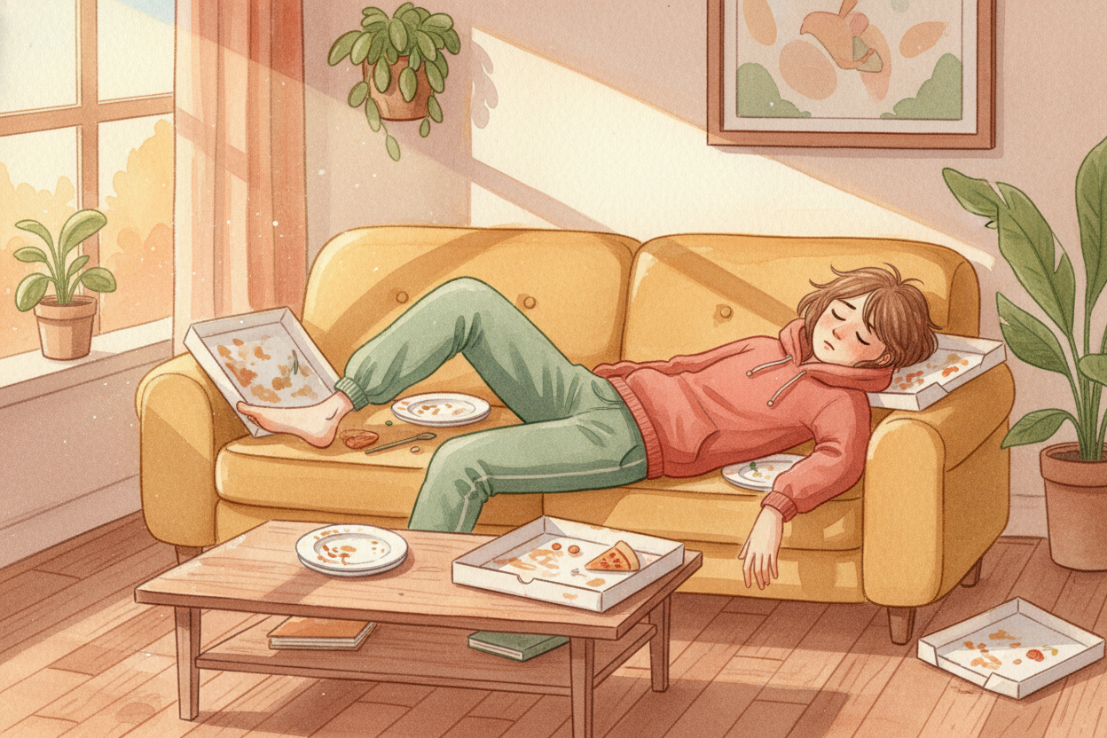 You've just ~~demolished a huge lunch~~ — pizza, fries, maybe three cookies — and now you're slumped on the couch _like 