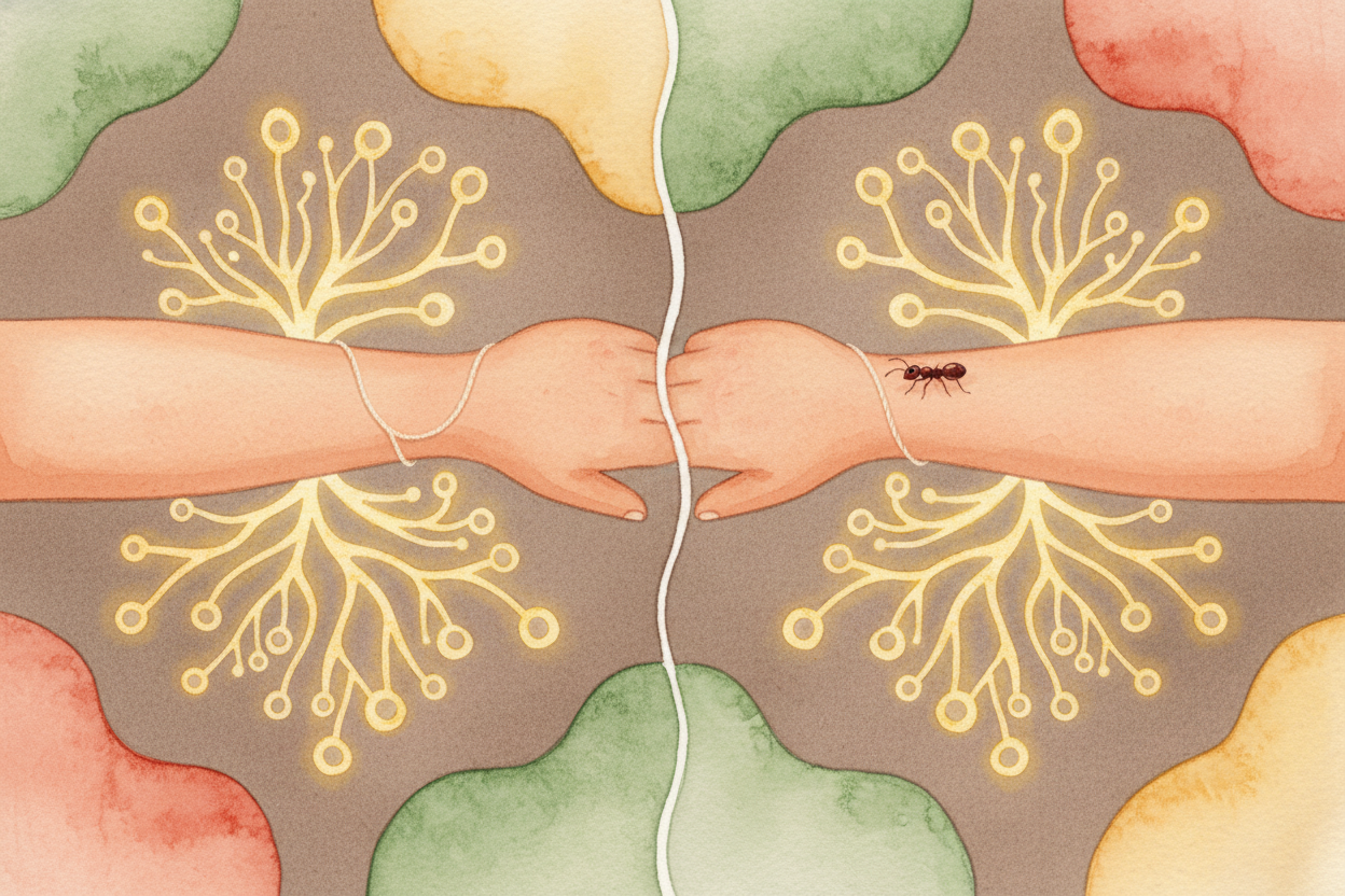 Your brain can't always tell what's causing the tickle, so it ~~plays it safe~~. A crawling bug and a thread feel **surp
