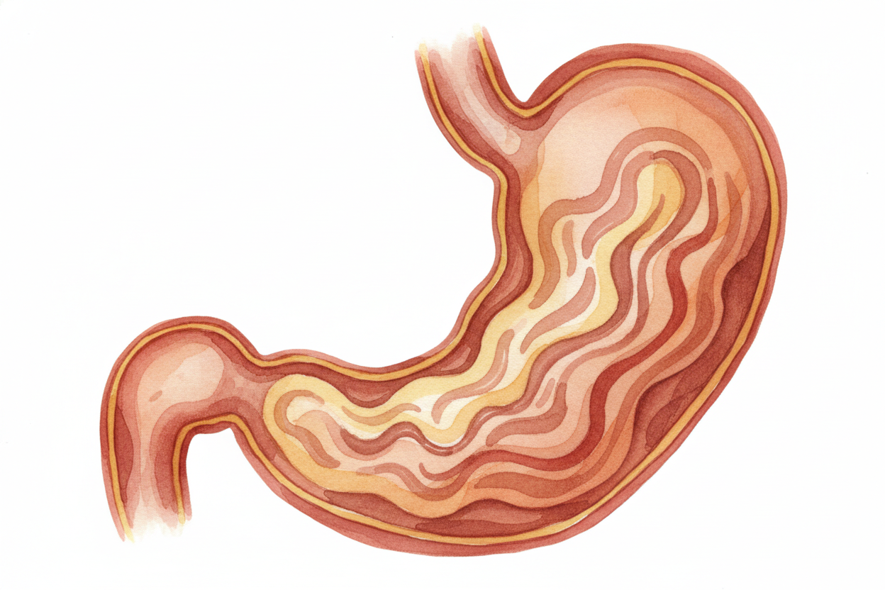 Your stomach, suddenly **running on half-power**, starts moving differently. The normal *rhythmic squeezing* that digest