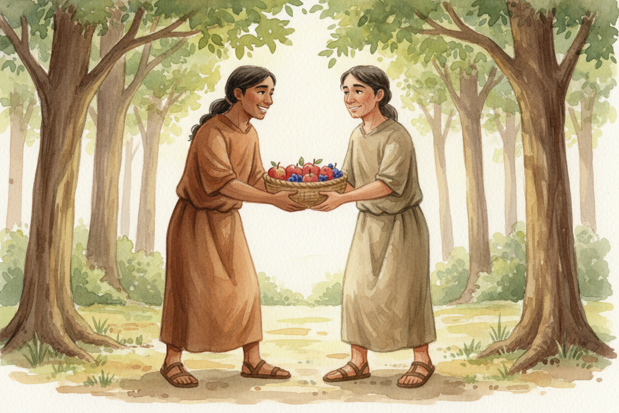 수천 년 전, 사람들에게는 **가게도 돈도 없었어요**. ~~하지만~~ *서로를 아낀다는 마음은* 보여 주고 싶었지요. 그래서 자신들이 가진 것을 주었어요. 과일 한 바구니, 깎아 만든 도구, **따뜻한 동물 가죽*