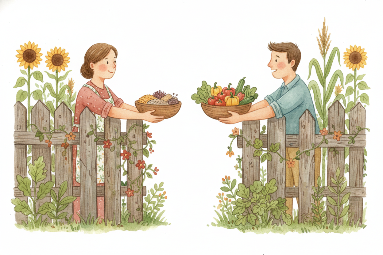 사람들이 마을을 이루며 살게 되자, 선물은 **서로를 이어 주는 풀 같은 것**이 되었어요. 당신이 이웃과 수확한 것을 나누면, 다음 계절에는 이웃이 자기 것을 당신과 나누었지요. *믿음이 자라고*, 우정이 자랐어요