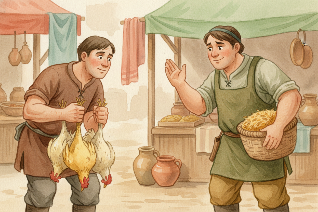 **Long ago**, people traded stuff directly. You'd swap three chickens for a basket of grain. ~~But what if~~ the grain f