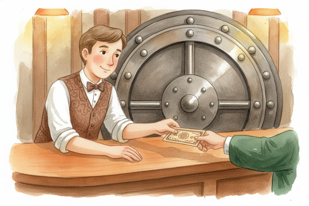 ~~Enter paper bills.~~ A government or bank would hold your gold safely in a vault. They'd give you a paper note that sa
