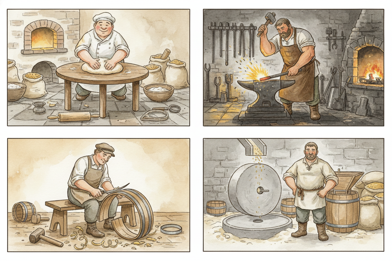 Some families got their second names from their jobs. If you baked bread, you might become the ++Bakers++. If you made b
