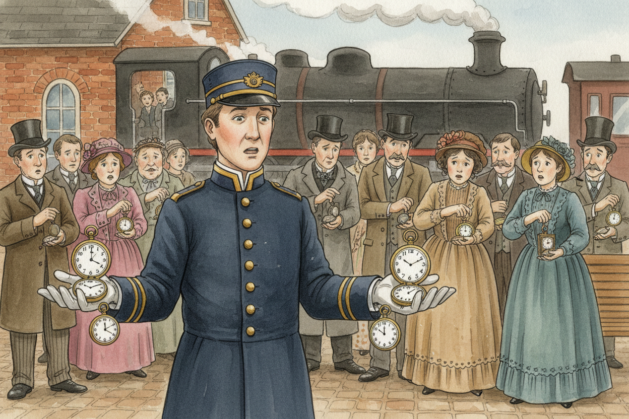Then trains arrived, ~~roaring across countries~~ in hours instead of days. Suddenly the patchwork of local times became
