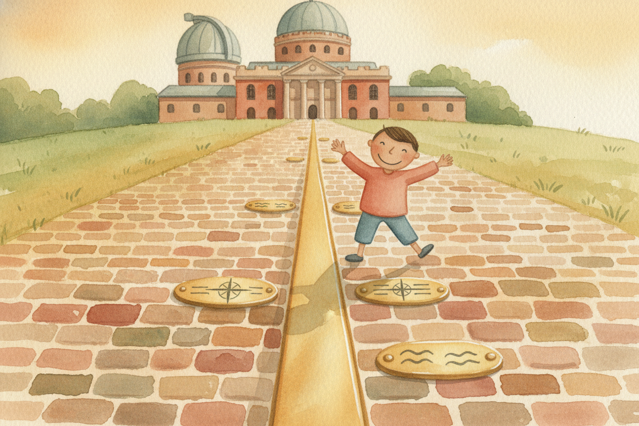 They picked ++Greenwich, England++ as the starting line—zero degrees longitude, the "++prime meridian++." Move **fifteen