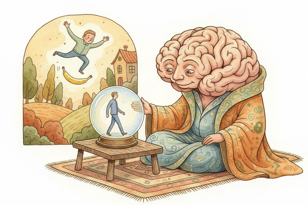 뇌를 ++예측 기계++라고 생각해 보세요. 뇌는 다음에 무슨 일이 일어날지 끊임없이 짐작해요. 문장의 다음 단어, _계단의 다음 발걸음까지요._ 현실이 안전하고 우스꽝스러운 방식으로 그 ~~패턴을 깨뜨리면,~~ 우리