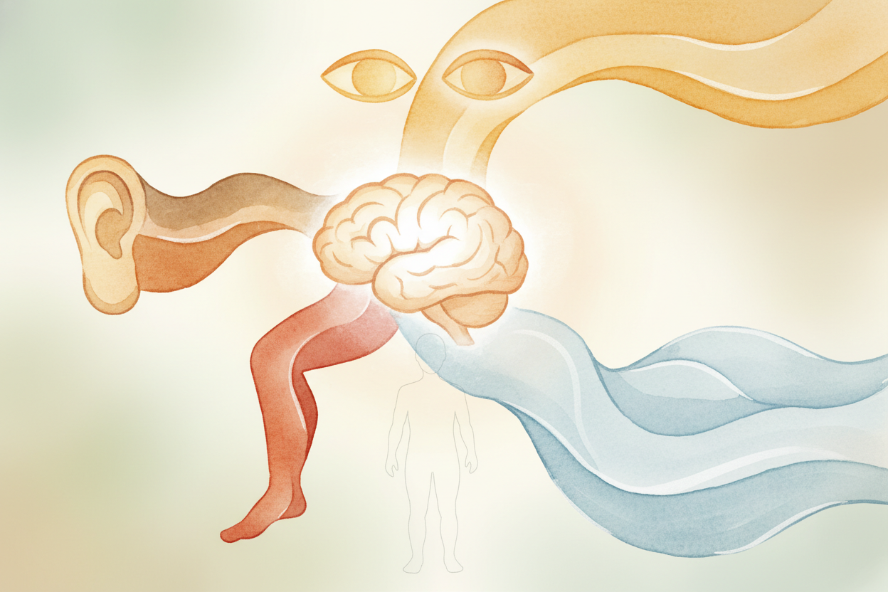 All three helpers send their reports to your brain **every split second**. Your brain combines the info — eyes say up, e