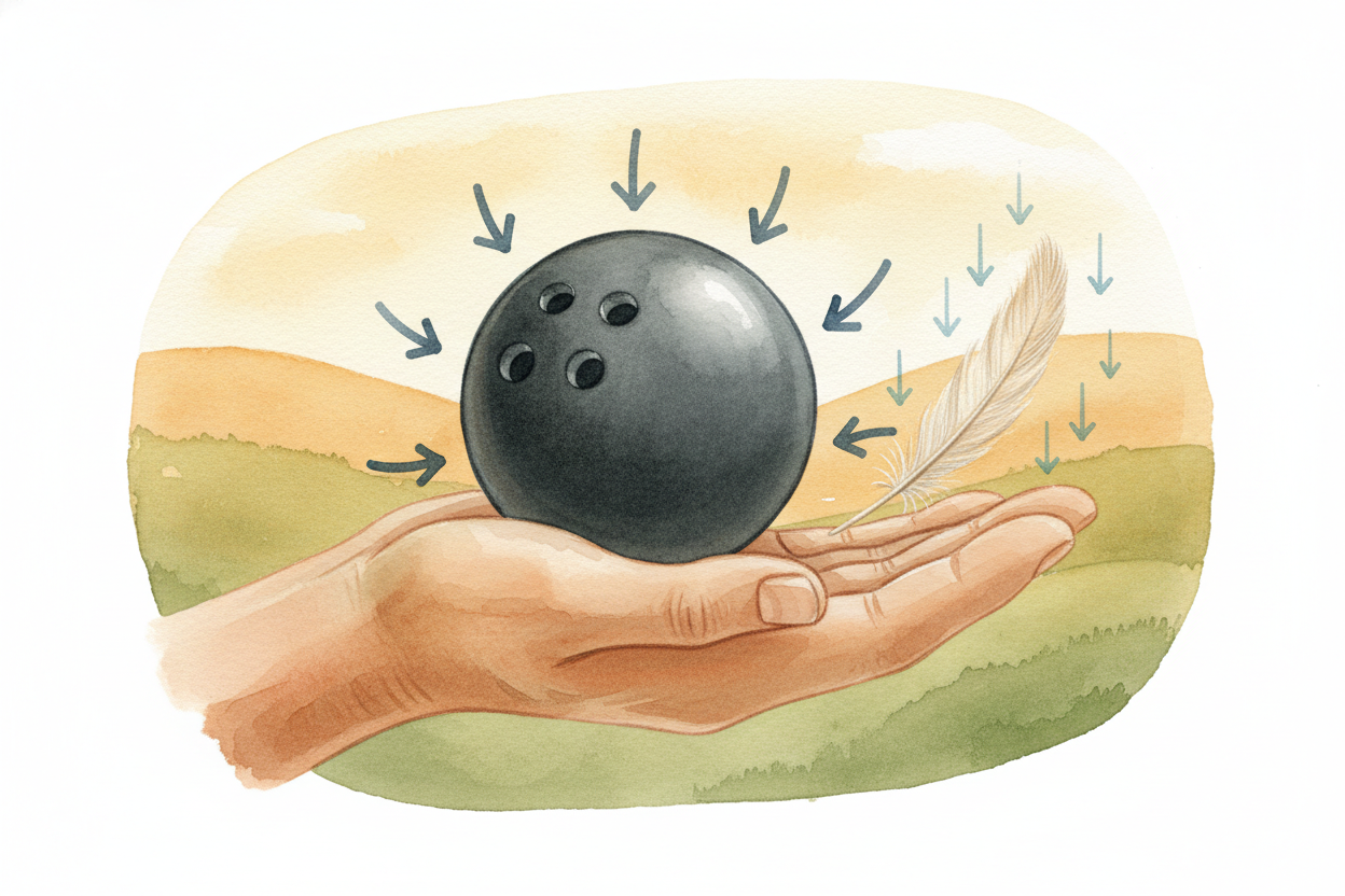 Weight measures something else entirely: **how strongly gravity pulls** on an object. A bowling ball and a feather ~~fal