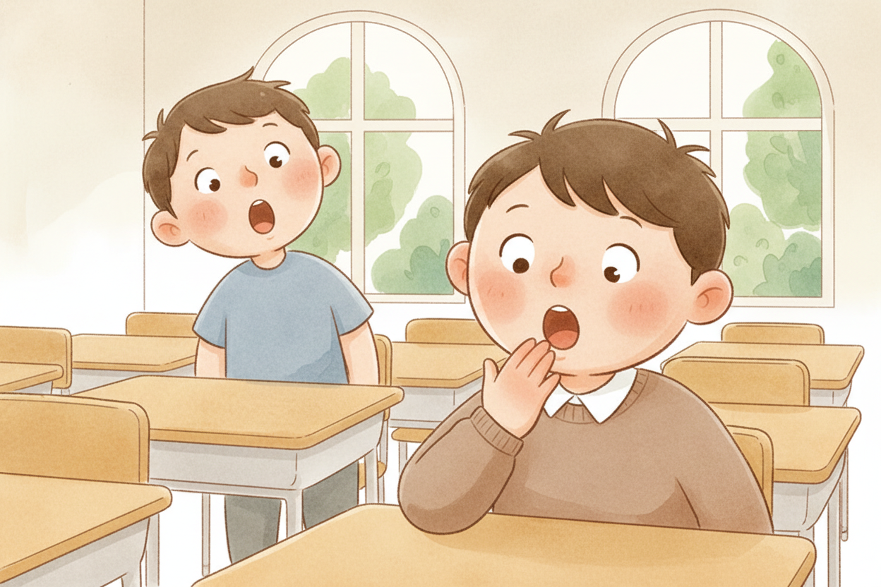 You're sitting in class, and someone across the room yawns. ~~Two seconds later~~, your own mouth opens wide — you're ya
