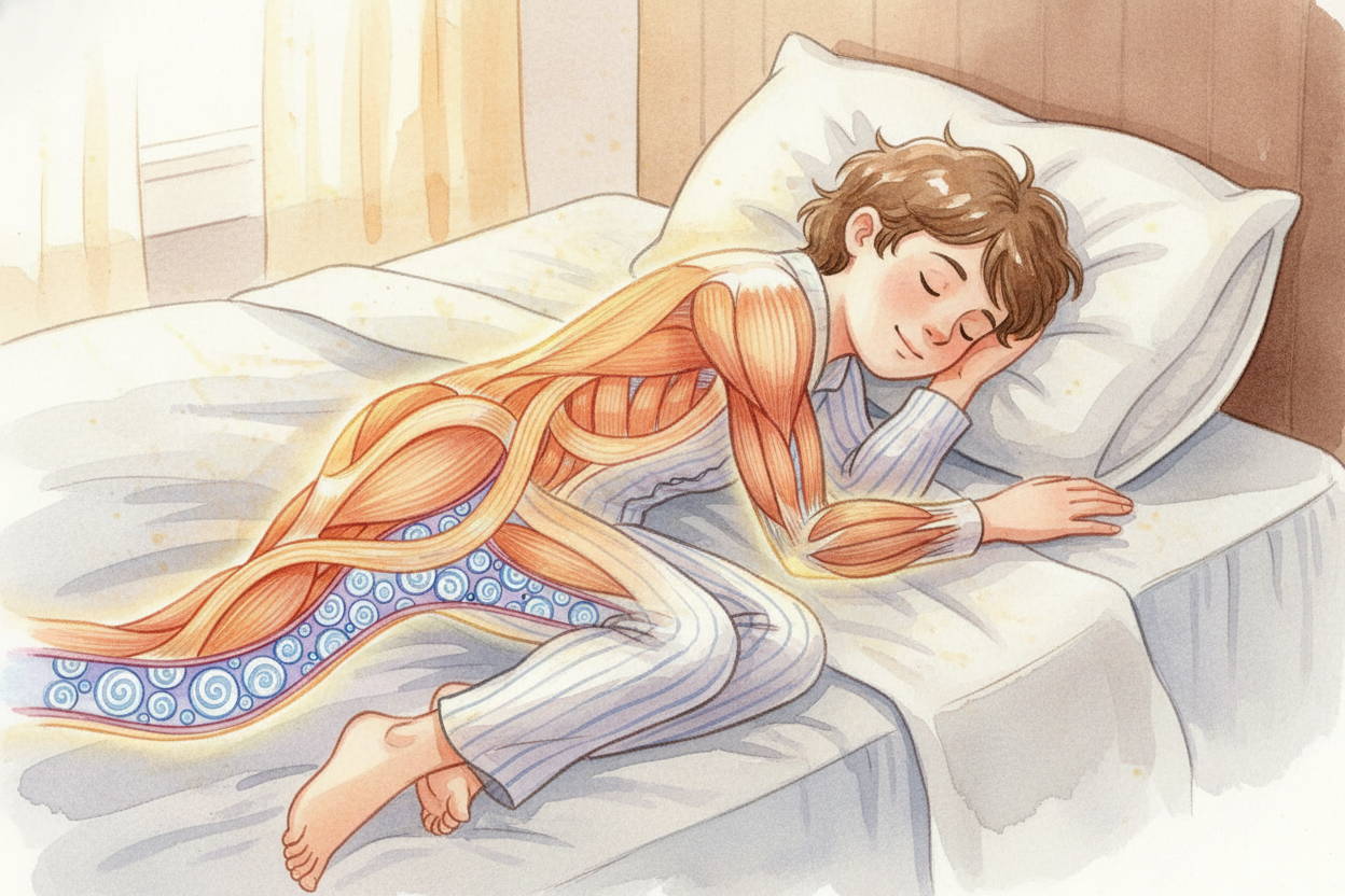 ~~Third reason:~~ your body is rebuilding itself. While you sleep, **growth hormone floods your system**. Your muscles r