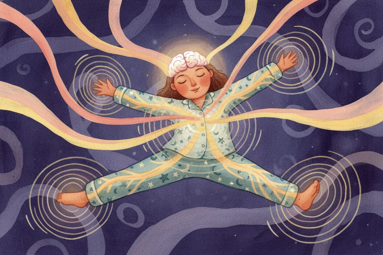 Your brain panics and sends an emergency signal: "~~WAKE UP! CATCH YOURSELF!~~" Your muscles fire all at once — a **full