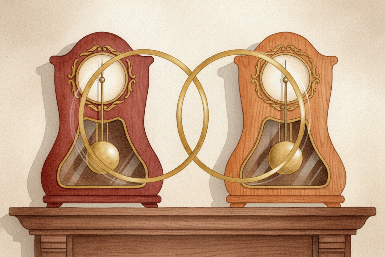 This is called ++entrainment++. It's when two rhythms lock together, **like pendulums swinging in sync**. Your internal 