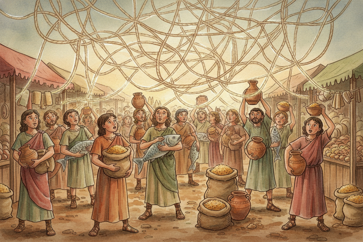 Early humans ~~hit this wall constantly~~. A fisher wanted grain. The grain farmer needed clay pots. The potter wanted f