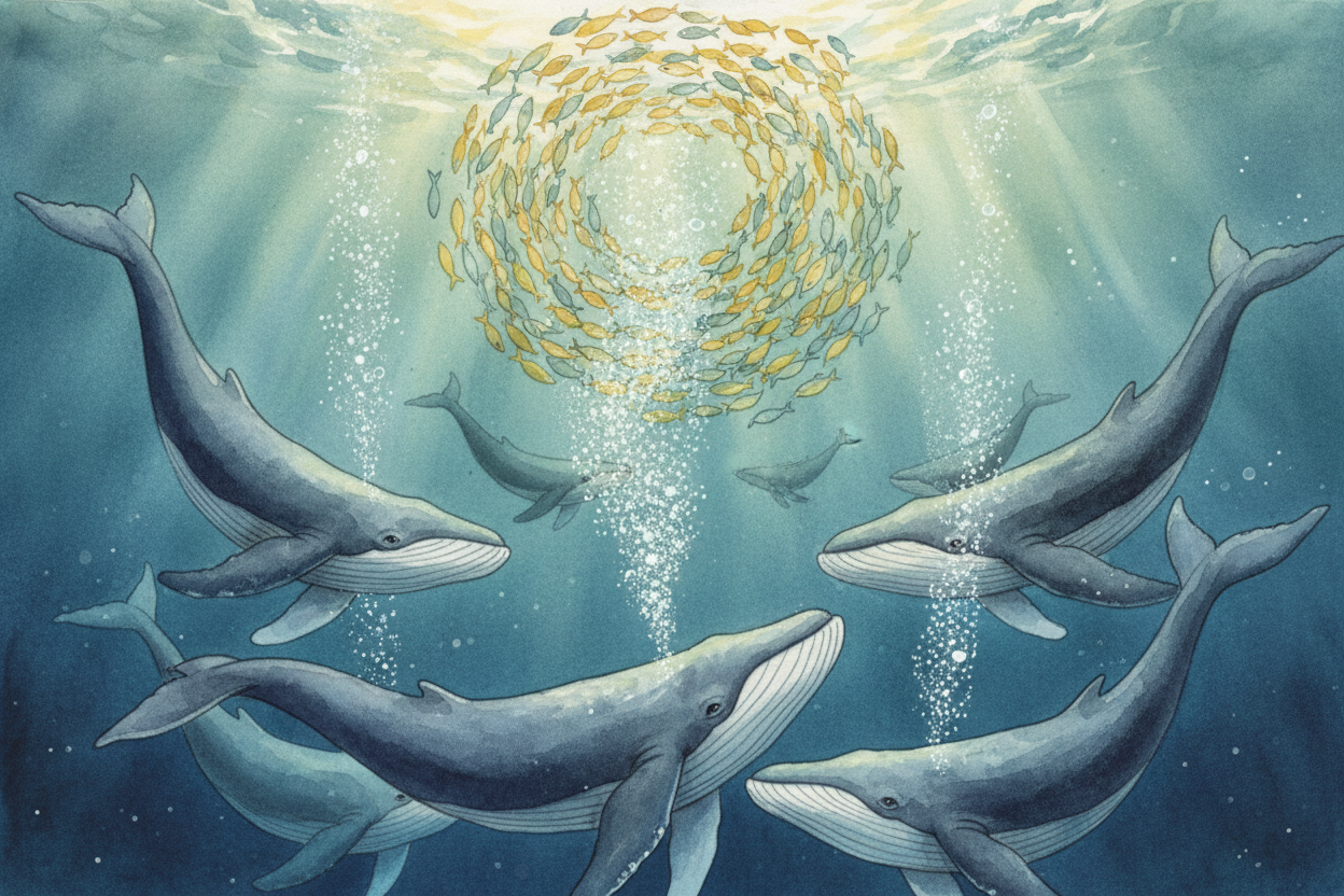~~Now comes the genius part.~~ The whales dive deep below the school of fish and start swimming in a slow circle. As the