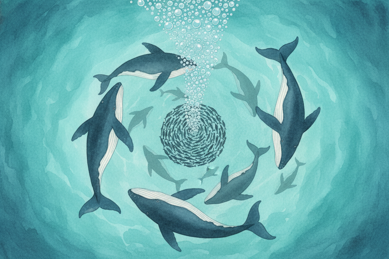 The whales keep circling, **tightening the bubble net like a drawstring bag**. The fish pack tighter and tighter, ~~a sw