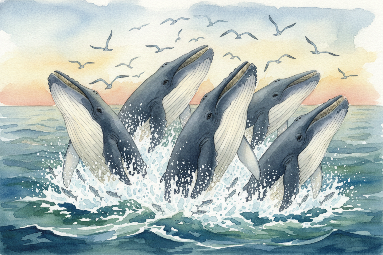 They ~~explode through the surface~~ together in a eruption of whales and water and fish. Their mouths gulp **thousands 