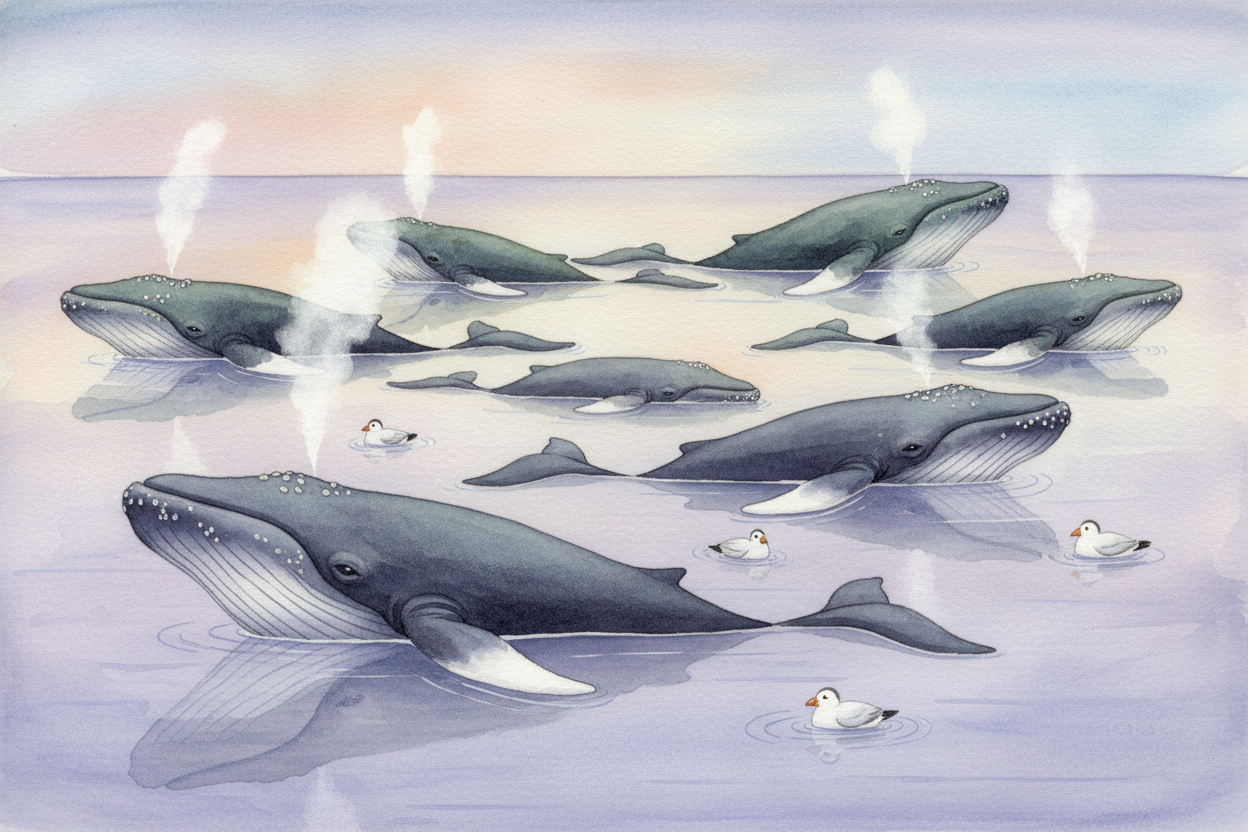 **One whale hunting alone** might catch a few fish. But **fifteen whales working together**, building a bubble trap and 