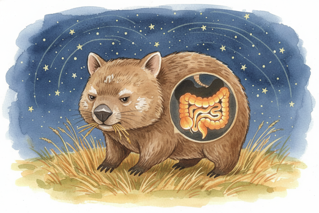 ~~Why cubes?~~ It starts with what wombats eat. They're grazers, munching dry grasses and tough roots all night long. Th