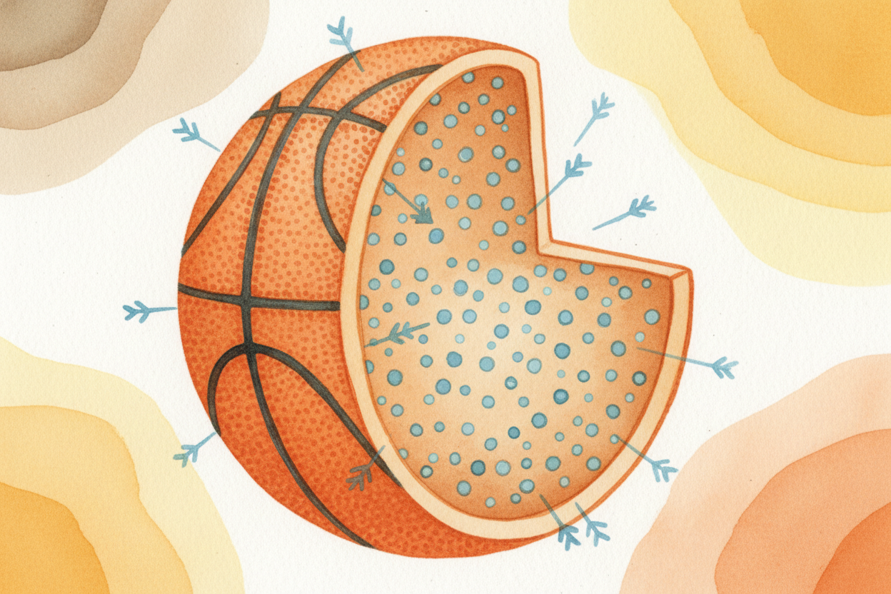 ~~Here's the secret:~~ air. A basketball is a rubber shell pumped full of air molecules — **billions and billions** of t
