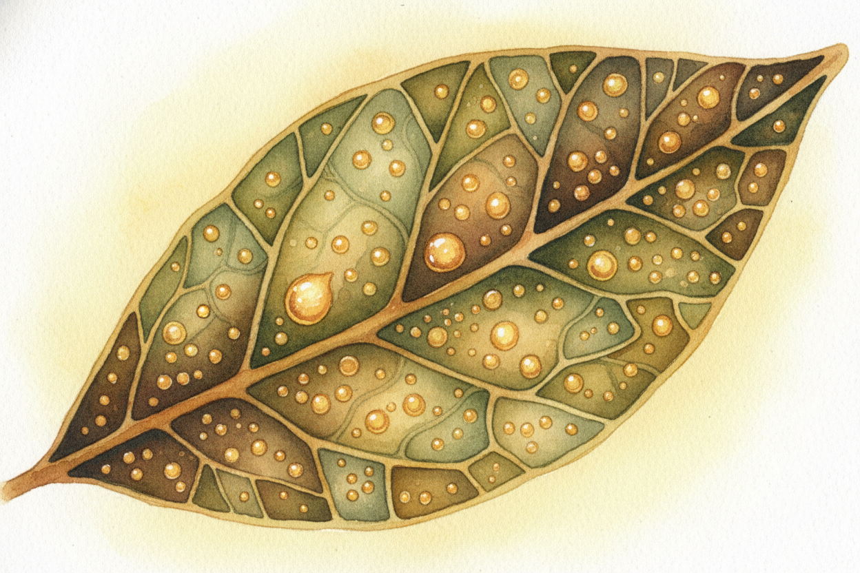 Inside that stiff, dusty-looking leaf are tiny pockets of flavor oil — imagine **microscopic drops locked inside** the l
